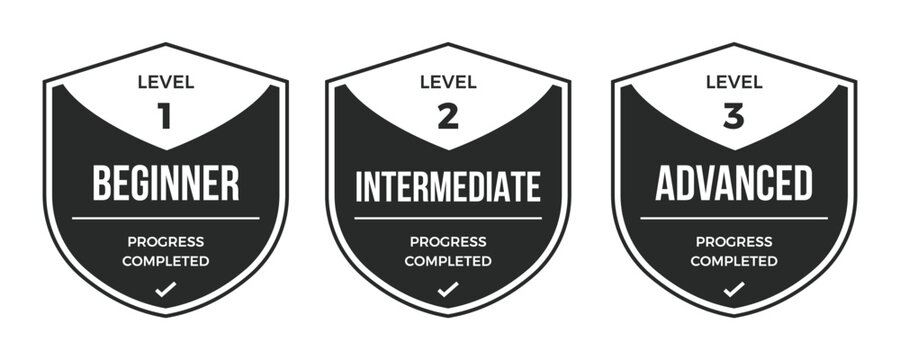 Set of Progress badge collection. Level 1, 2, and 3. Begginer, intermediate, advanced.