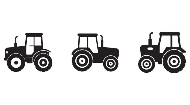 Three black tractors in different angles for agriculture and farming isolated on white background