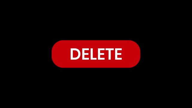 Minimalist red delete button animation featuring a white mouse pointer clicking on the rounded rectangle shape, isolated on a dark background for modern digital content and web security concepts.