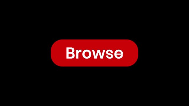 Minimalist red browse button animation featuring a white mouse pointer clicking on the rounded rectangle shape, isolated on a dark background for modern digital content and web navigation concepts.