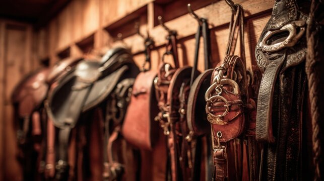 Polished leather horse saddles and bridles hanging in a wooden stable