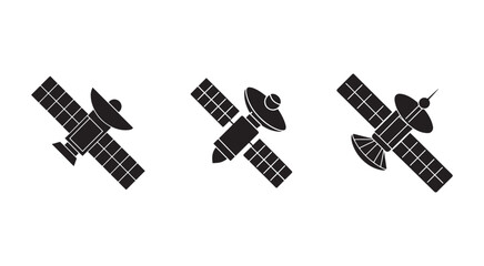 Fototapeta premium Three different space satellites in orbit around the Earth various designs and shapes solar panels and antennae space technology and exploration concept