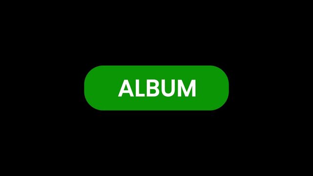 Green album navigation button motion graphics with a white mouse arrow clicking the element, featuring a modern flat design for music galleries and photo portfolio websites on a black backdrop.
