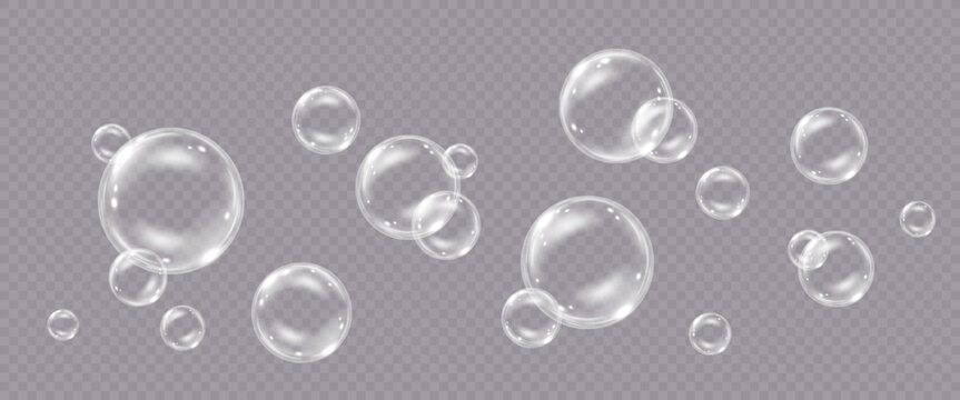 Vector realistic soap bubbles with reflection isolated on transparent background.