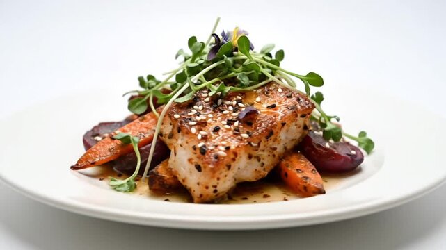 Gourmet Seared Fish with Roasted Vegetables, Garnished with Microgreens, Sesame Seeds and Edible Flowers on a Plate