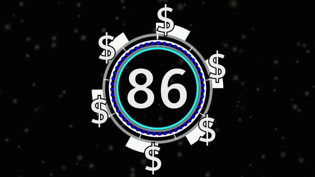 86 Dollar price tag animation on screen for store shop business concept video element. videos business concept video element, Number counter of dollar  numbers with alpha.