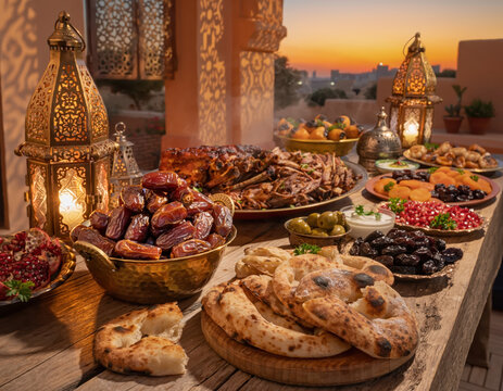 Table iftar Ramadan coucher soleil dattes fruits secs agneau lanterne lumi&egrave;re dor&eacute;e