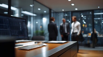 Fototapeta premium Modern corporate office interior at night with business professionals gathered for a meeting displaying financial data on a computer monitor