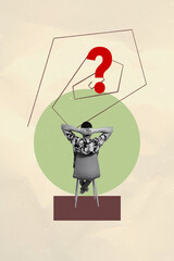 Vertical image trend photo collage of happy businesswoman businessman stand question mark strategy...