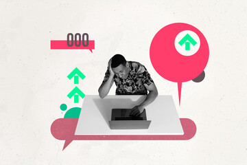 Contemporary poster art collage of happy businesswoman businessman stand arrow development hold...