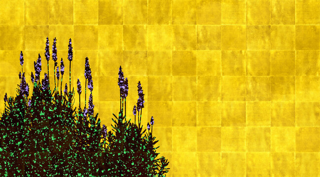 ラベンダーのシルエットに色箔を散りばめた、蒔絵風の金屏風