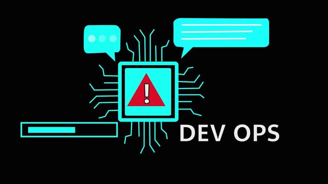 Digital Circuit Board with Dev Ops Chip and Warning Symbol on Black Background Dev Ops technology. 4k