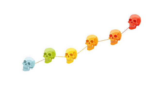 A colorful illustration of skulls connected by a line on a black background