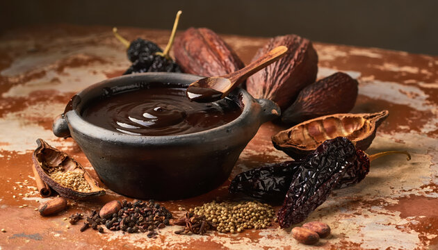 Sauce mole negro mexicaine dans un bol en argile avec cacao et piments secs
