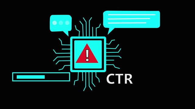Digital circuit board with CTR text and warning symbol on black background click-through rate technology. 4k