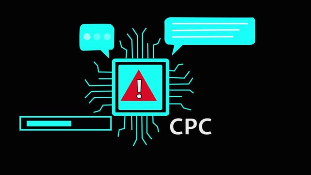 Digital circuit board with CPC text and warning symbol on black background cost per click technology. 4k