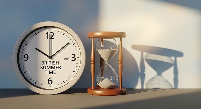 British Summer Time Clock and Hourglass on Table with Soft Natural Light