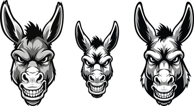 Collection of three fierce and angry donkey heads rendered in detailed black and white cartoon mascot style on transparent background