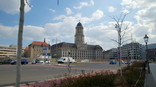BERLIN, GERMANY - MARCH 23 2026: Panning shot of the Altes Stadthaus (Old Town Hall), a historic administrative building with a prominent tower and neoclassical facade in the Mitte district