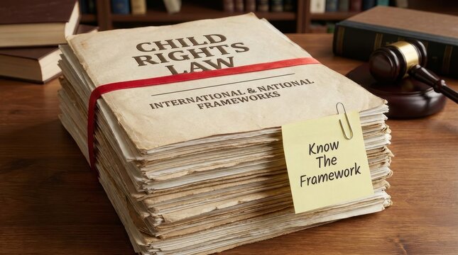 Stack of Child Rights Law Books with Note