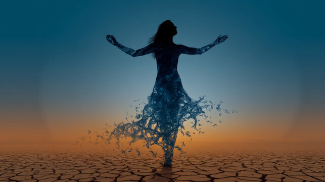 A girl completely made of water against a drought background, the concept of drought and lack of water on earth, 3D illustration. Water crisis and water shortage in summer during long drought