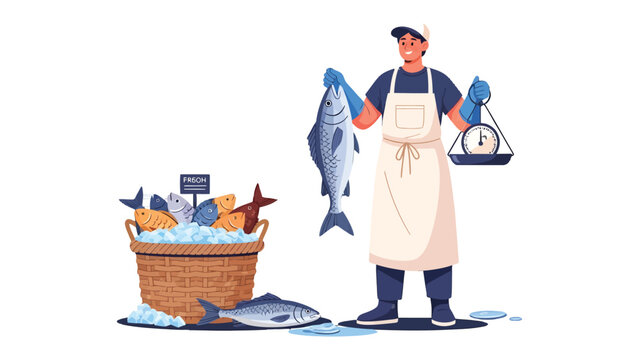 Fresh Catch: A skilled fishmonger proudly displays a freshly caught fish alongside a scale and a basket brimming with aquatic delicacies, showcasing a vibrant display of the sea's bounty.