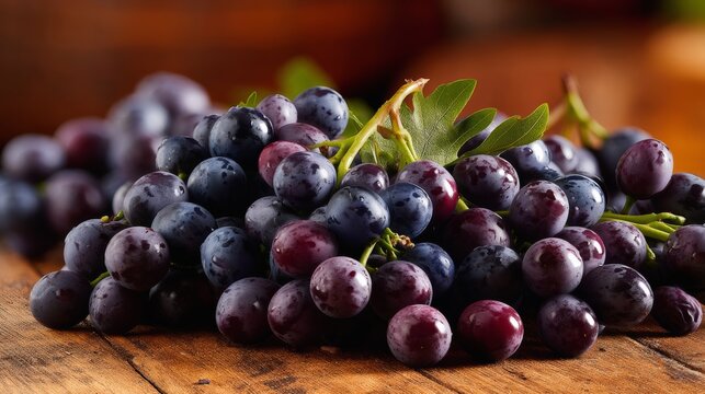 Freshly harvested bunches of dark purple and red grapes arranged on a rustic wooden table with a blurred background of fruits and greenery