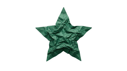 Obraz premium Green crumpled paper five pointed star with realistic origami fold texture on a transparent background
