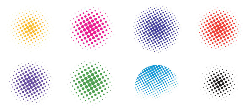 A collection of eight circular halftone patterns displaying a vibrant spectrum of colors and gradients high-quality