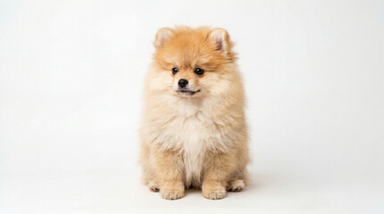 Obraz premium Adorable fluffy orange Pomeranian puppy sitting upright against a clean white studio background. High-quality animal portrait highlighting soft fur and cute expression for pet themes.