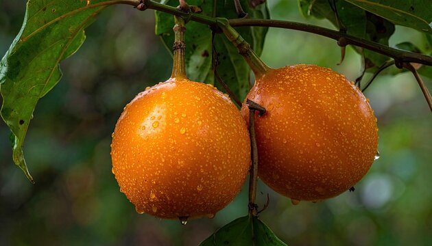 Two ripe grenadillas hanging from a branch with lush green leaves glistening with water droplets in a vibrant outdoor setting
