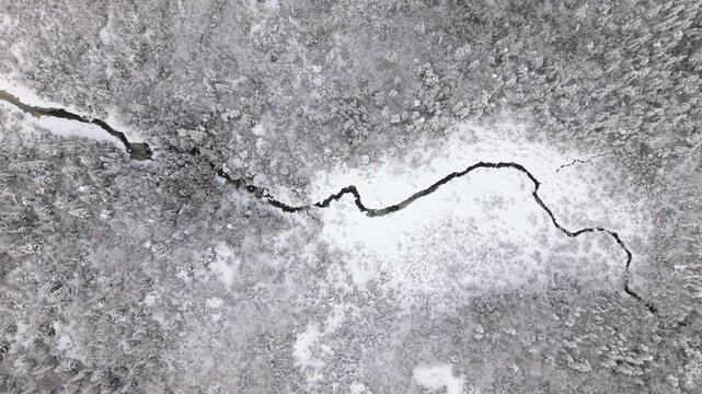 Aerial Top View Cinematic drone shot during heavy snow storm: pine and beech trees covered in white snow near Beechville, Halifax. Nova Scotia, Canada, vast frozen lake and winter wilderness 4K.