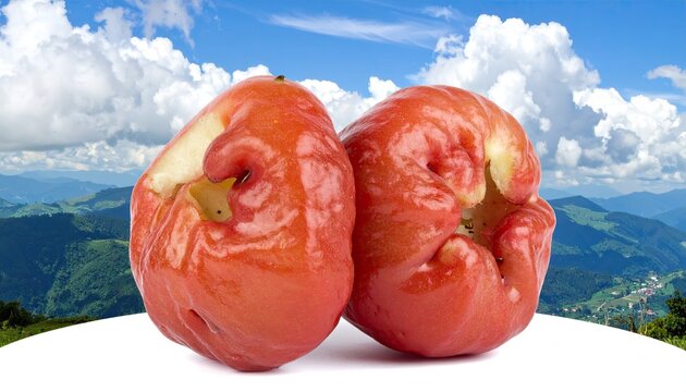 Two vibrant rose apples showcase their unique shape and smooth skin against a backdrop of lush mountains and a cloudy sky