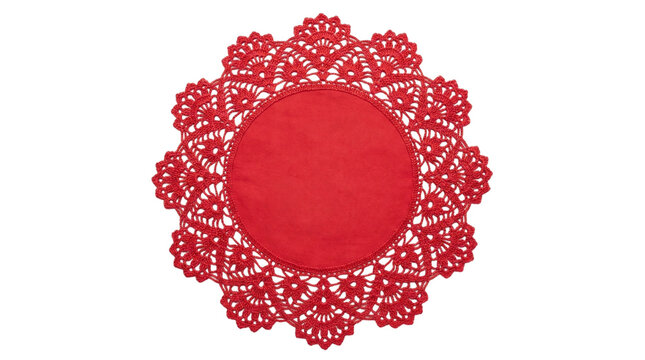 Round red crocheted lace doily with blank fabric center on a transparent background