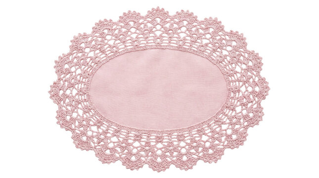 Delicate pink oval lace doily with fabric center insert on a transparent background