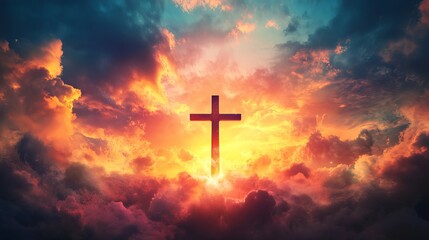 Fototapeta premium A dramatic Christian cross stands tall in a vibrant cloudy sky during a breathtaking sunset