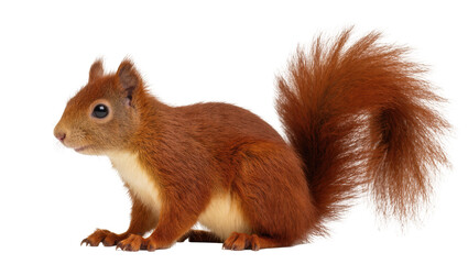 Obraz premium Cute red squirrel with fluffy tail standing in profile, a charming woodland creature.
