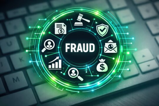 Fraud Alert: A digital representation of fraud, with an ominous glow over a keyboard, signifying the intricate web of deception. 