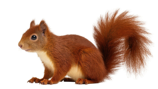 Cute red squirrel with fluffy tail standing in profile, a charming woodland creature.