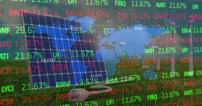 Animation of financial data processing and world map over wind turbines and solar panel