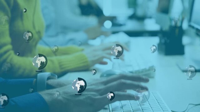 Animation of online globe icons over diverse business people wearing phone headsets