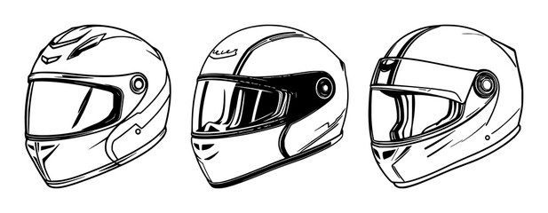 Obraz premium Motorcycle helmet set with racing team helmet vector illustrations featuring racing colors, team logos, sports gear with chrome protectors and aerodynamic design