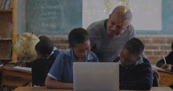 Animation of math formulas moving over african american male teacher and pupils with laptop