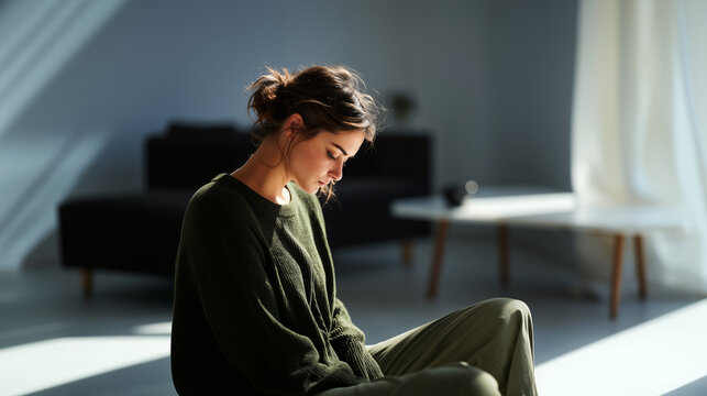 Sad young woman sitting alone on floor in sunlit empty room, head bowed in green oversized sweater, expressing deep emotional exhaustion, depression and inner conflict.