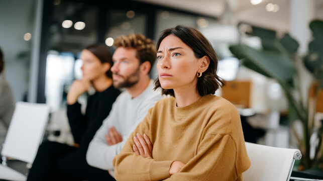 Frustrated woman with crossed arms sits among colleagues during office meeting, showing dissatisfaction, disagreement, and tension while coworkers appear distracted and disengaged.