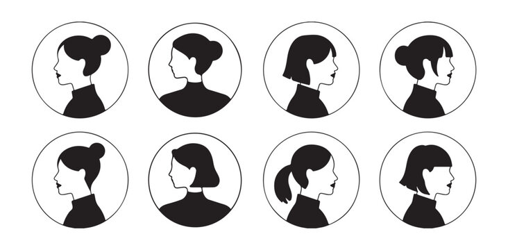 Set of eight black and white round avatars with various short female hairstyles in profile