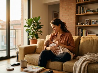 Obraz premium Mother Breastfeeding Her Newborn Baby in Cozy Living Room