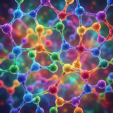 Vibrant infographic illustrates genetic code structure with colorful molecular bonds and nodes.