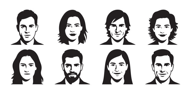 Realistic black and white portraits of diverse men and women with stylish hairstyles