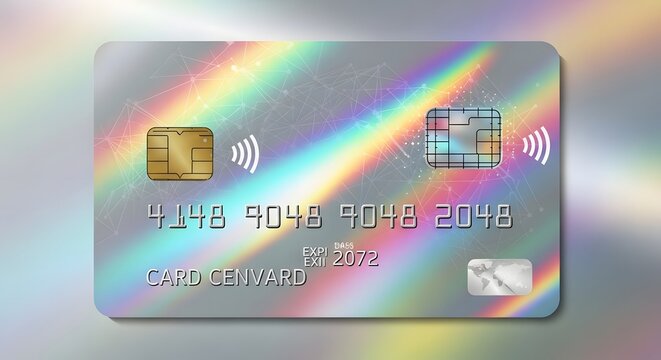 Holographic credit card with rainbow effect and chip technology